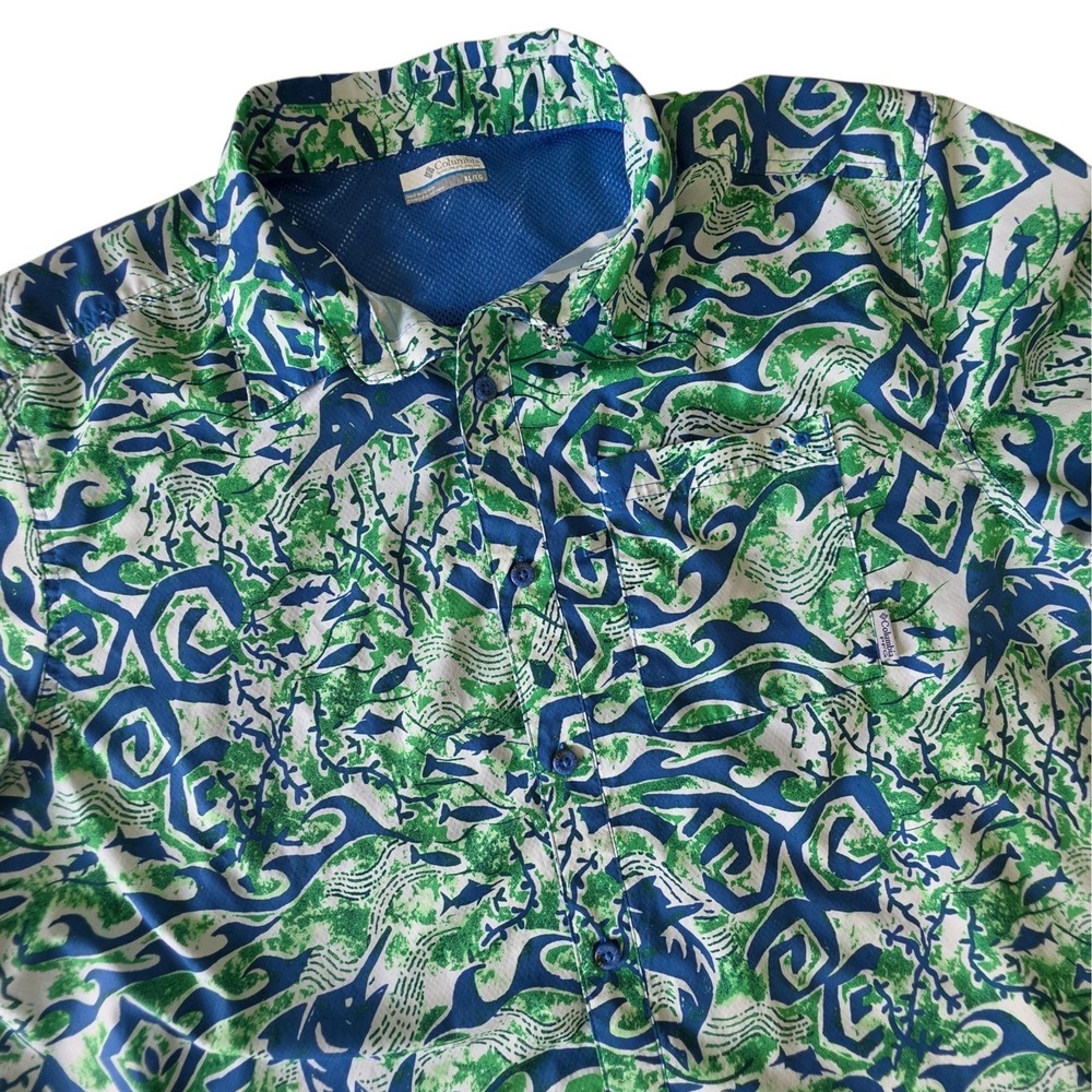 Columbia Mens PFG Fishing Shirt Blue Green Fish Print Vented Button Up XL